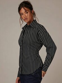 Athîral 女款休閒條紋綁腰長袖襯衫 - 黑色 - 查看 5