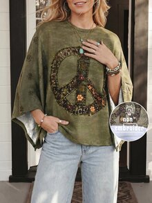 Wildy BOHO休閒西式鄉村風拼接橄欖綠女款日常基礎寬鬆不對稱上衣，適合外出度假與通勤 - 軍綠色 - 查看 3