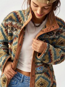 Bohemela Casual Western Woven Loose Regular Fit Women's Jacket Travel Everyday Blue And Brown Autumn - Multicolor - View 4