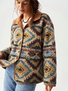 Bohemela Casual Western Woven Loose Regular Fit Women's Jacket Travel Everyday Blue And Brown Autumn - Multicolor - View 8