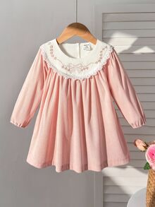 SHEIN Baby Girls Dusty Pink Embroidered Lace Collar Dress Bow Pattern Long Sleeve Princess Gown Vintage Cute Family Matching A Line Skirt Toddler Casual - Pink - View 3