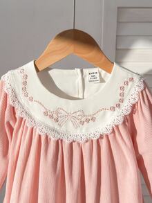 SHEIN Baby Girls Dusty Pink Embroidered Lace Collar Dress Bow Pattern Long Sleeve Princess Gown Vintage Cute Family Matching A Line Skirt Toddler Casual - Pink - View 12
