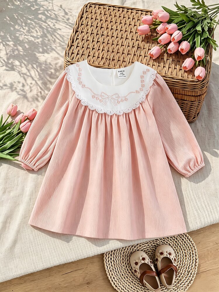 SHEIN Baby Girls Dusty Pink Embroidered Lace Collar Dress Bow Pattern Long Sleeve Princess Gown Vintage Cute Family Matching A Line Skirt Toddler Casual - Pink - View 8
