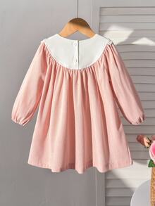 SHEIN Baby Girls Dusty Pink Embroidered Lace Collar Dress Bow Pattern Long Sleeve Princess Gown Vintage Cute Family Matching A Line Skirt Toddler Casual - Pink - View 4