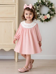 SHEIN Baby Girls Dusty Pink Embroidered Lace Collar Dress Bow Pattern Long Sleeve Princess Gown Vintage Cute Family Matching A Line Skirt Toddler Casual - Pink - View 10