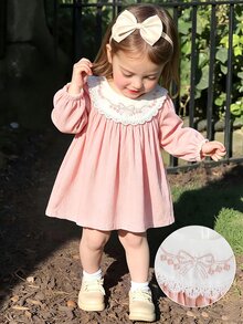 SHEIN Baby Girls Dusty Pink Embroidered Lace Collar Dress Bow Pattern Long Sleeve Princess Gown Vintage Cute Family Matching A Line Skirt Toddler Casual - Pink - View 2