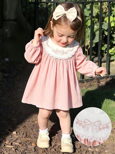 SHEIN Baby Girls Dusty Pink Embroidered Lace Collar Dress Bow Pattern Long Sleeve Princess Gown Vintage Cute Family Matching A Line Skirt Toddler Casual