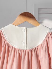 SHEIN Baby Girls Dusty Pink Embroidered Lace Collar Dress Bow Pattern Long Sleeve Princess Gown Vintage Cute Family Matching A Line Skirt Toddler Casual - Pink - View 6