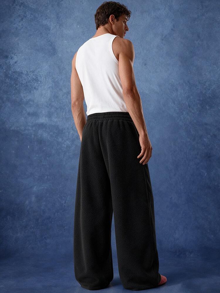 PAVTROS Men's Young Street Style, INS Multi-Functional Item: Solid Color Loose Black Fleece Sweatpants, Best Choice For Holiday Gift - Black - View 2