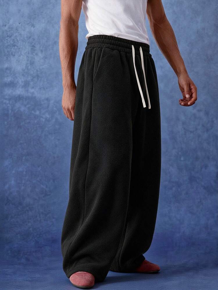 PAVTROS Men's Young Street Style, INS Multi-Functional Item: Solid Color Loose Black Fleece Sweatpants, Best Choice For Holiday Gift - Black - View 6