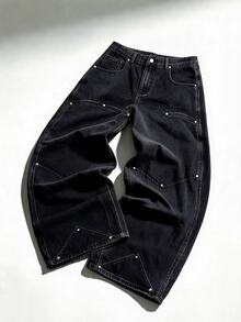 ROMWE MEN 復古時尚耐穿拼接金屬鉚釘休閒百搭水洗丹寧男士長褲 - 黑色 - 查看 2