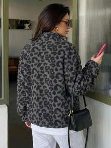 Dazy Plus Thermal Lined Thick Leopard Print Half-Zip Pullover Pullover Sweatshirt With Cinched Waist, Street Casual Style, Autumn/Winter - Black - View 7