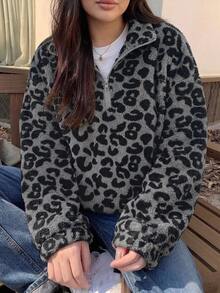 Dazy Plus Thermal Lined Thick Leopard Print Half-Zip Pullover Pullover Sweatshirt With Cinched Waist, Street Casual Style, Autumn/Winter - Black - View 5