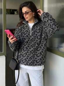 Dazy Plus Thermal Lined Thick Leopard Print Half-Zip Pullover Pullover Sweatshirt With Cinched Waist, Street Casual Style, Autumn/Winter - Black - View 6