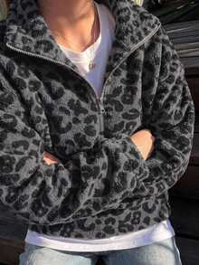 Dazy Plus Thermal Lined Thick Leopard Print Half-Zip Pullover Pullover Sweatshirt With Cinched Waist, Street Casual Style, Autumn/Winter - Black - View 2