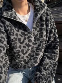 Dazy Plus Thermal Lined Thick Leopard Print Half-Zip Pullover Pullover Sweatshirt With Cinched Waist, Street Casual Style, Autumn/Winter - Black - View 1