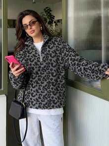 Dazy Plus Thermal Lined Thick Leopard Print Half-Zip Pullover Pullover Sweatshirt With Cinched Waist, Street Casual Style, Autumn/Winter - Black - View 4