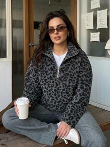 Dazy Plus Thermal Lined Thick Leopard Print Half-Zip Pullover Pullover Sweatshirt With Cinched Waist, Street Casual Style, Autumn/Winter - Black - View 8