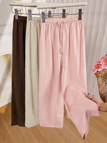 SHEIN Sparklyn Teen Girls Fall Clothes Solid Color Waist Tie Textured Fashion Long Pants, Fall, Casual, Minimalist, Back To School, Outfit - Multicolor - View 8