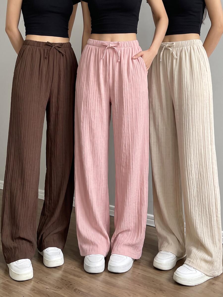 SHEIN Sparklyn Teen Girls Fall Clothes Solid Color Waist Tie Textured Fashion Long Pants, Fall, Casual, Minimalist, Back To School, Outfit