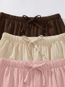 SHEIN Sparklyn Teen Girls Fall Clothes Solid Color Waist Tie Textured Fashion Long Pants, Fall, Casual, Minimalist, Back To School, Outfit - Multicolor - View 5