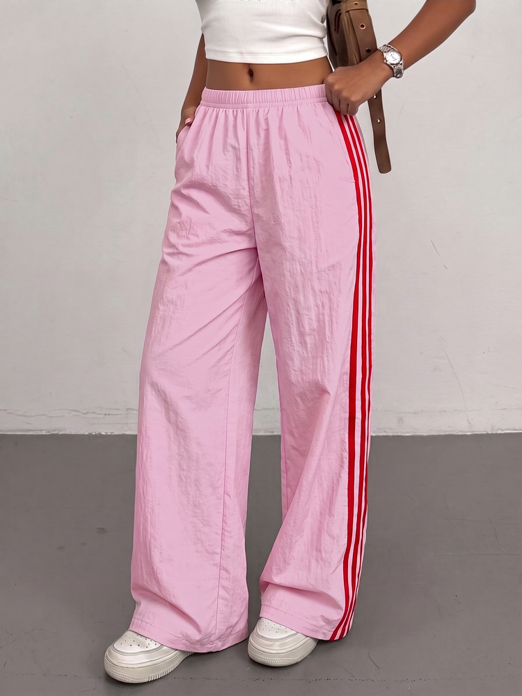SHEIN Sparklyn Tween Girls Autumn Clothes Casual Baggy Street Sporty Elastic Waist Contrast Striped Side Loose Wide Leg Pants, Back To School, Outfit Pink - Pink - View 1