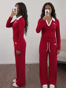 SHEIN Setelan Musim Gugur untuk Remaja Perempuan: Atasan 2pcs/Set, Kembali ke Sekolah, Wisuda, Olahraga, Kasual, Bordir, Kontras, Leher V, Lipit, Pas Badan... - Burgundy - View 3