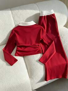 SHEIN Setelan Musim Gugur untuk Remaja Perempuan: Atasan 2pcs/Set, Kembali ke Sekolah, Wisuda, Olahraga, Kasual, Bordir, Kontras, Leher V, Lipit, Pas Badan... - Burgundy - View 4