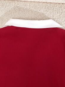 SHEIN Setelan Musim Gugur untuk Remaja Perempuan: Atasan 2pcs/Set, Kembali ke Sekolah, Wisuda, Olahraga, Kasual, Bordir, Kontras, Leher V, Lipit, Pas Badan... - Burgundy - View 7