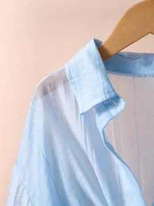 SHEIN Tween Girls Fall Tops Light Blue Collared Drop-Shoulder 3/4 Sleeve Shirt Preppy Style School Casual Autumn Outfit Comfortable Daily M... - Baby Blue - View 7