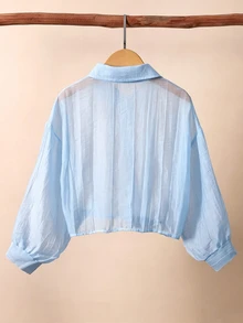 SHEIN Tween Girls Fall Tops Light Blue Collared Drop-Shoulder 3/4 Sleeve Shirt Preppy Style School Casual Autumn Outfit Comfortable Daily M... - Baby Blue - View 2