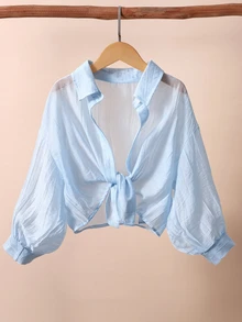 SHEIN Tween Girls Fall Tops Light Blue Collared Drop-Shoulder 3/4 Sleeve Shirt Preppy Style School Casual Autumn Outfit Comfortable Daily M... - Baby Blue - View 1