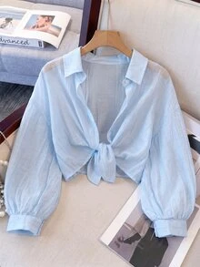 SHEIN Tween Girls Fall Tops Light Blue Collared Drop-Shoulder 3/4 Sleeve Shirt Preppy Style School Casual Autumn Outfit Comfortable Daily M... - Baby Blue - View 3
