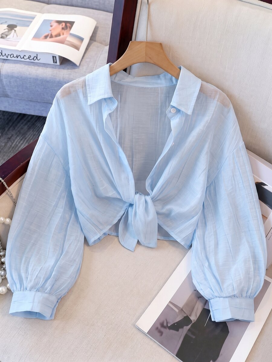 SHEIN Tween Girls Fall Tops Light Blue Collared Drop-Shoulder 3/4 Sleeve Shirt Preppy Style School Casual Autumn Outfit Comfortable Daily M...