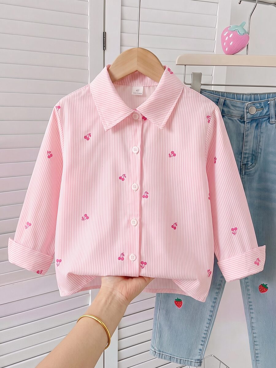 Souflis Souflis Girls Bowknot Pattern Shacket, Spring/Autumn Fashionable Cowgirl Children's Outfit, Baby Pink Shirt, Blouse For Young Girl Bride Birthday