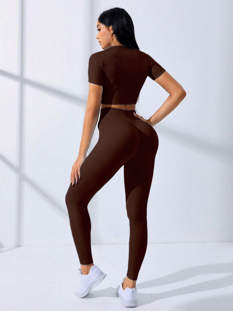 Solea Cove Solea Cove Seamless Women High Waist Sports Set,Short Sleeve Top And Pants Workout Clothes,Plus Activewear,Shades Of Brown,Summer,Athleisure,Gym Athletic Sets - Coffee Brown - View 5