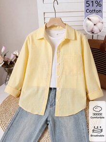SHEIN 青少年女孩秋季上衣 米黃色細條紋刺繡長袖襯衫，可愛休閒，返校季，秋冬穿搭，返校校園 - 黃色 - 查看 3