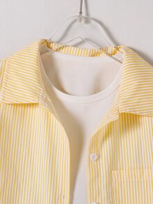 SHEIN 青少年女孩秋季上衣 米黃色細條紋刺繡長袖襯衫，可愛休閒，返校季，秋冬穿搭，返校校園 - 黃色 - 查看 5