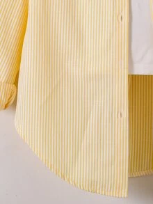 SHEIN 青少年女孩秋季上衣 米黃色細條紋刺繡長袖襯衫，可愛休閒，返校季，秋冬穿搭，返校校園 - 黃色 - 查看 9