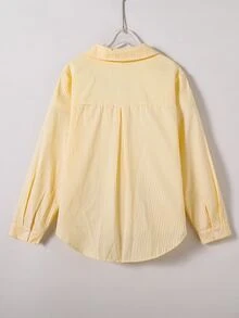 SHEIN 青少年女孩秋季上衣 米黃色細條紋刺繡長袖襯衫，可愛休閒，返校季，秋冬穿搭，返校校園 - 黃色 - 查看 2
