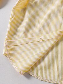 SHEIN 青少年女孩秋季上衣 米黃色細條紋刺繡長袖襯衫，可愛休閒，返校季，秋冬穿搭，返校校園 - 黃色 - 查看 6