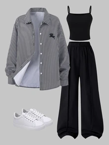 SHEIN 青少年女孩秋季套裝 3件/組 黑白長袖數位印花上衣、黑色長褲、細肩帶背心，適合校園、校外、生日、健身房、80年代風格夜晚 - 彩色 - 查看 4