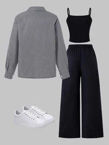 SHEIN 青少年女孩秋季套裝 3件/組 黑白長袖數位印花上衣、黑色長褲、細肩帶背心，適合校園、校外、生日、健身房、80年代風格夜晚 - 彩色 - 查看 3