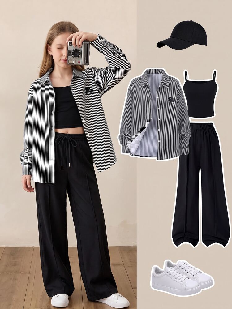 SHEIN Tween Girls Fall Outfits 3pcs/Set Black And White Long Sleeve Digital Print Shirt, Black Long Pants, Camisole-School Birthday Gym Night Casual 80s 80s - Multicolor - View 1