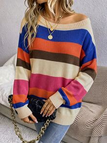 EMERY ROSE Casual Asymmetrical Colorful Striped Off-Shoulder Sweater For Women, Suitable For Autumn/Winter - Multicolor - View 6