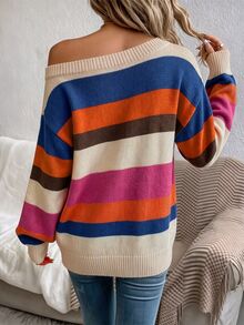 EMERY ROSE Casual Asymmetrical Colorful Striped Off-Shoulder Sweater For Women, Suitable For Autumn/Winter - Multicolor - View 2