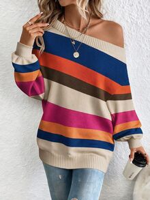 EMERY ROSE Casual Asymmetrical Colorful Striped Off-Shoulder Sweater For Women, Suitable For Autumn/Winter - Multicolor - View 4