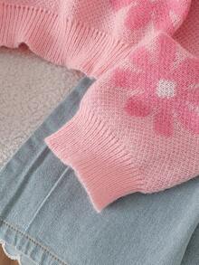 SHEIN Tween女孩軟甜淡粉色花卉提花圓領落肩長袖套頭針織毛衣上衣，寬鬆版型，百搭優雅可愛，柔軟舒適，適合日常穿著、外出、旅行、度假穿搭，秋冬款 - 淺粉色 - 查看 4