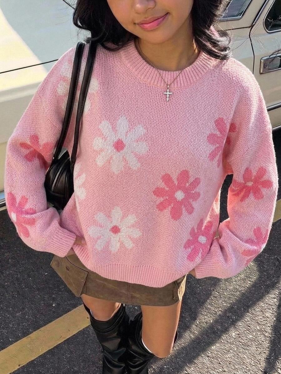 SHEIN Tween女孩軟甜淡粉色花卉提花圓領落肩長袖套頭針織毛衣上衣,寬鬆版型,百搭優雅可愛,柔軟舒適,適合日常穿著、外出、旅行、度假穿搭,秋冬款 - 淺粉色 - 查看 1