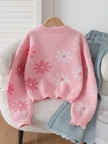 SHEIN Tween女孩軟甜淡粉色花卉提花圓領落肩長袖套頭針織毛衣上衣，寬鬆版型，百搭優雅可愛，柔軟舒適，適合日常穿著、外出、旅行、度假穿搭，秋冬款 - 淺粉色 - 查看 2